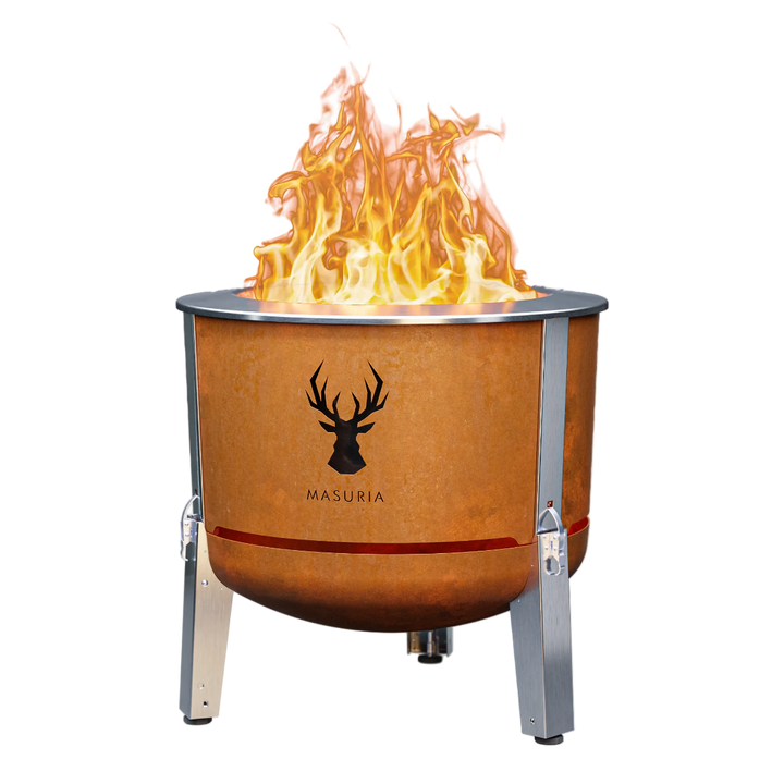 Alpha 600 fire pit in Corten, a component of the Steak & Fire Set; grilling accessories shown separately.