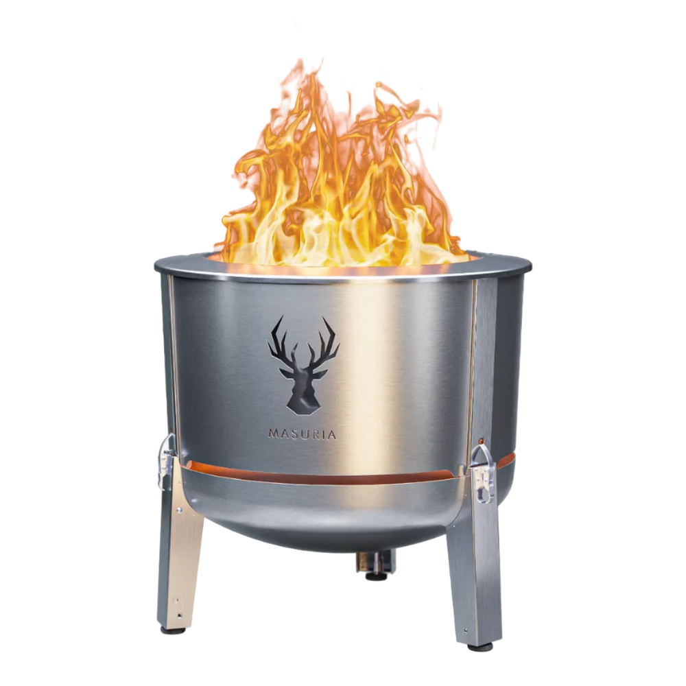 Alpha 600 fire pit in Silver, a component of the Steak & Fire Set; grilling accessories shown separately.