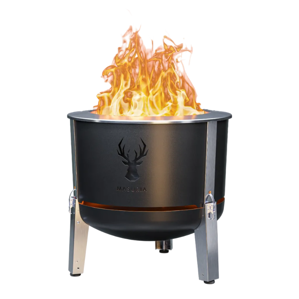 Alpha 600 fire pit in Black, a component of the Steak & Fire Set; grilling accessories shown separately.