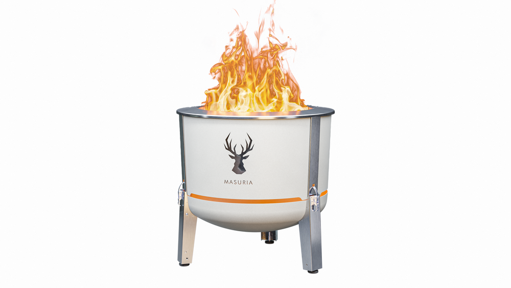 Alpha 600 fire pit in Ivory Frost, a component of the Steak & Fire Set; grilling accessories shown separately.