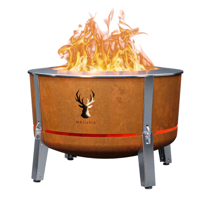 Alpha 800 fire pit in Corten, a component of the Steak & Fire Set; grilling accessories shown separately.