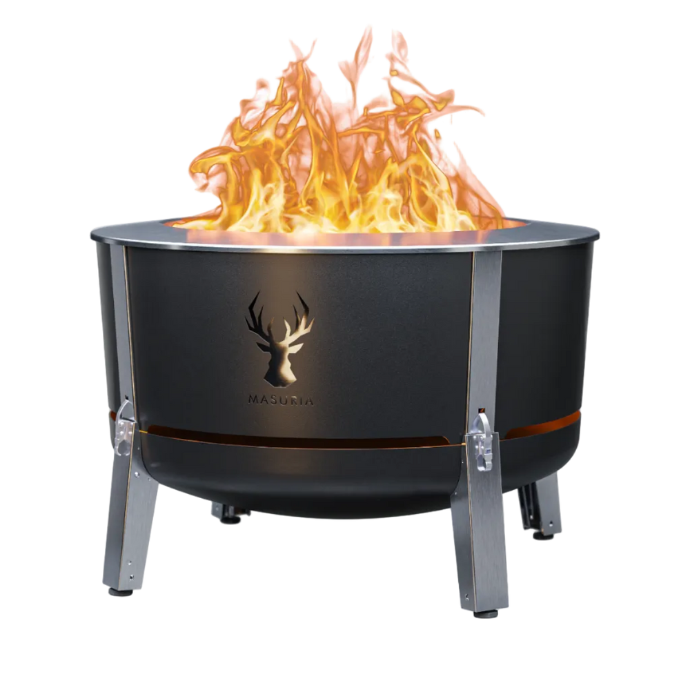 Alpha 800 fire pit in Black, a component of the Steak & Fire Set; grilling accessories shown separately.