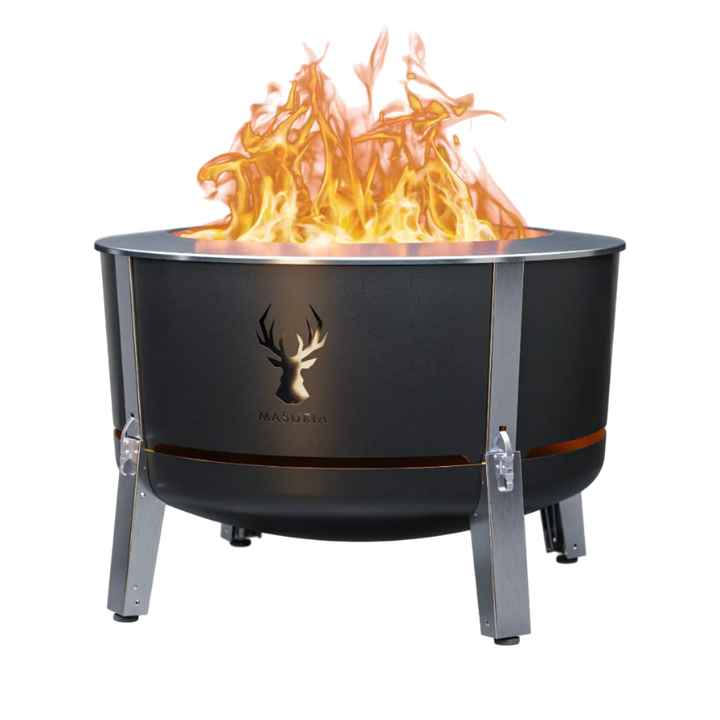 Alpha 800 fire pit in Black, a component of the Steak & Fire Set; grilling accessories shown separately.