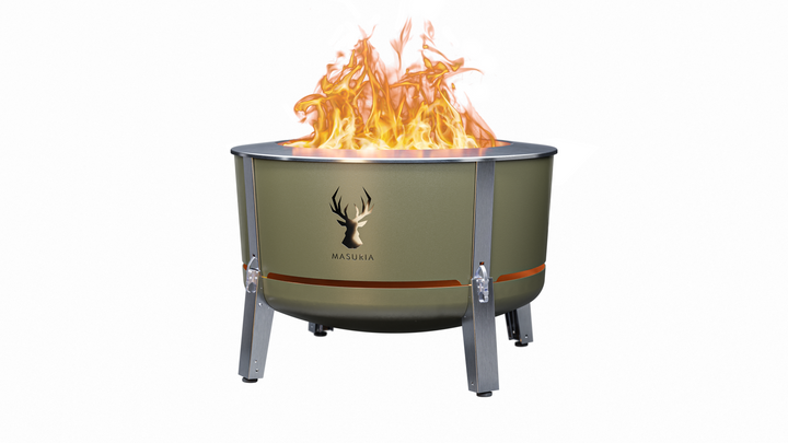 Alpha 800 fire pit in Forest Haze, a component of the Steak & Fire Set; grilling accessories shown separately.