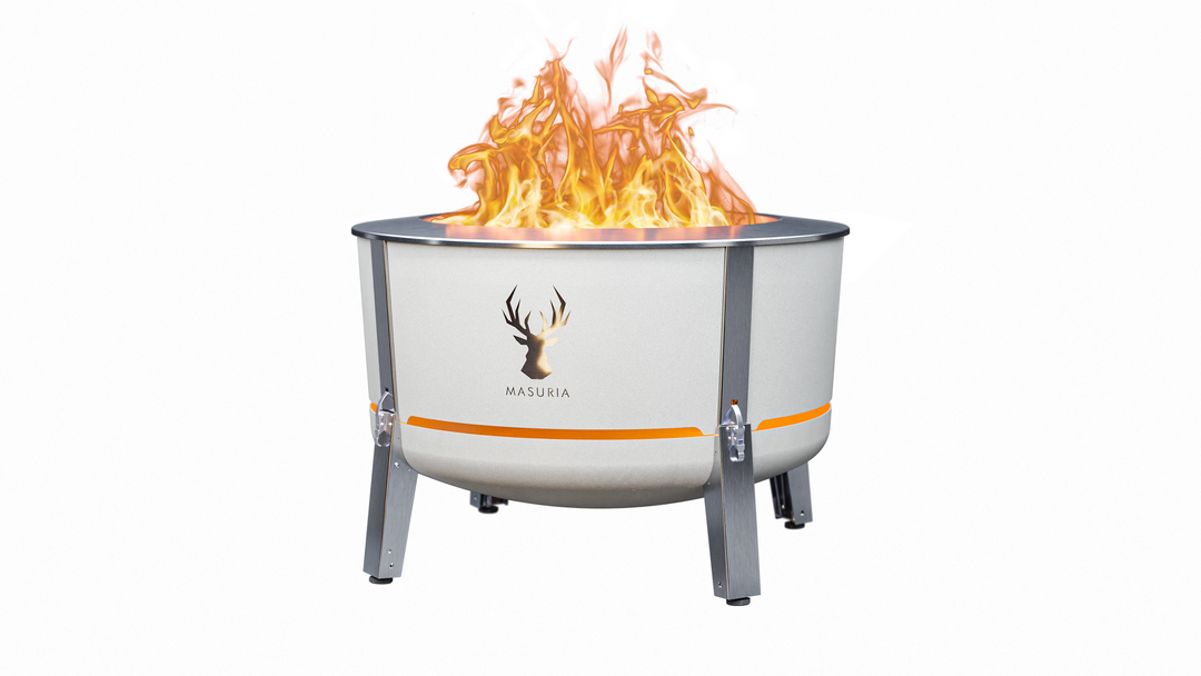Alpha 800 fire pit in Ivory Frost, a component of the Steak & Fire Set; grilling accessories shown separately.