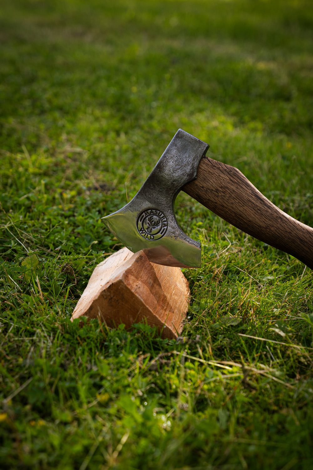 Masuria Wild axe head and wooden handle while splitting a log