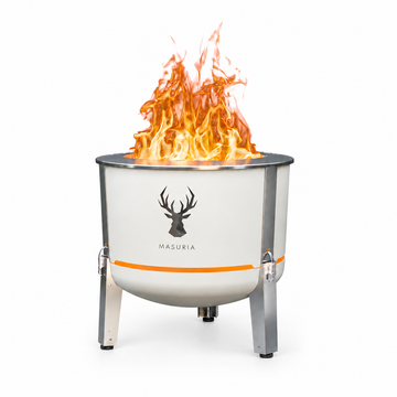 Alpha 600 fire pit in Ivory Frost with stainless steel legs; fire pit only, without optional grilling accessories.
