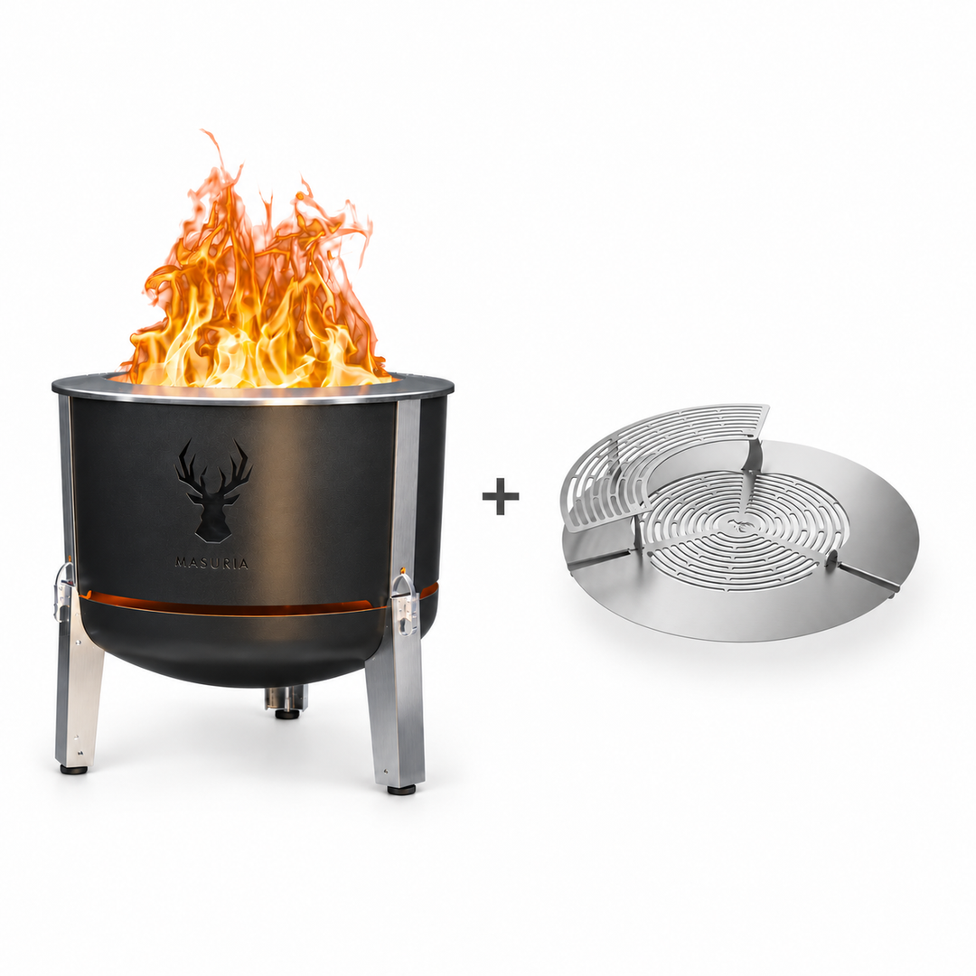 Alpha 600 Steak & Fire Set in Black – fire pit beside stainless steel grill grate, extension ring and upper rack.