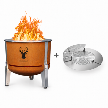 Alpha 600 Steak & Fire Set in Corten – fire pit beside stainless steel grill grate, extension ring and upper rack.
