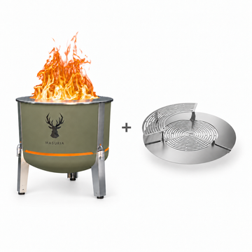Alpha 600 Steak & Fire Set in Forest Haze – fire pit beside stainless steel grill grate, extension ring and upper rack.