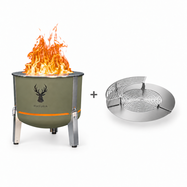 Alpha 600 Steak & Fire Set in Forest Haze – fire pit beside stainless steel grill grate, extension ring and upper rack.