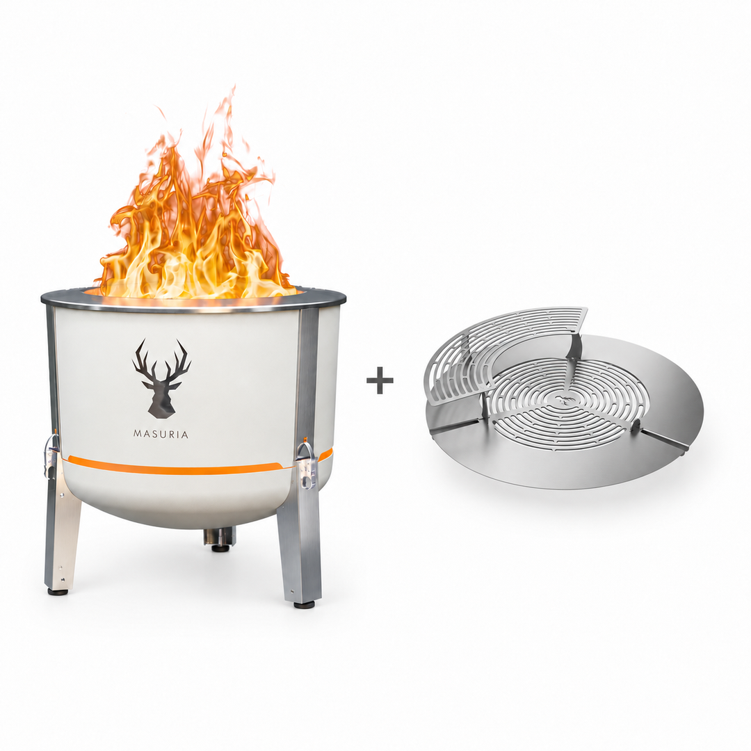 Alpha 600 Steak & Fire Set in Ivory Frost – fire pit beside stainless steel grill grate, extension ring and upper rack.