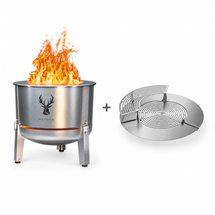Alpha 600 Steak & Fire Set in Silver – fire pit beside stainless steel grill grate, extension ring and upper rack.