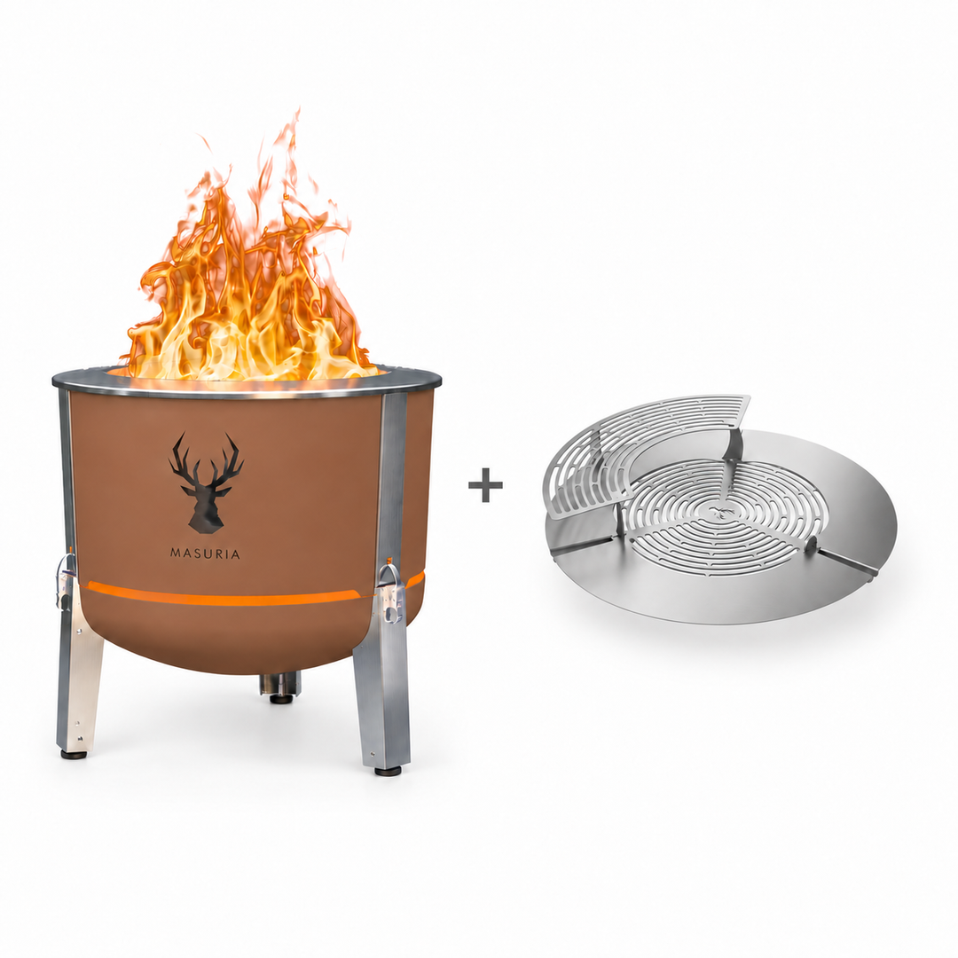 Alpha 600 Steak & Fire Set in Terra Brown – fire pit beside stainless steel grill grate, extension ring and upper rack.