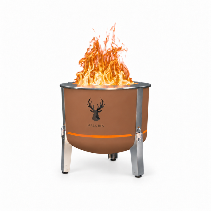 Alpha 600 fire pit in Terra Brown with stainless steel legs; fire pit only, without optional grilling accessories.