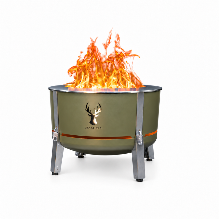 Alpha 800 fire pit in Forest Haze with stainless steel legs; fire pit only, without optional grilling accessories.