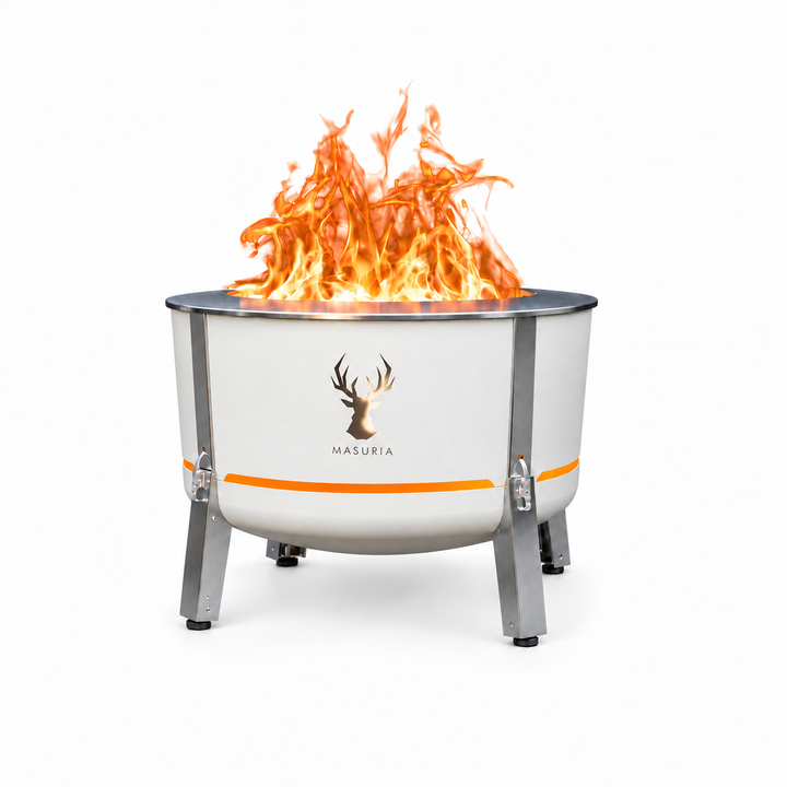 Alpha 800 fire pit in Ivory Frost with stainless steel legs; fire pit only, without optional grilling accessories.
