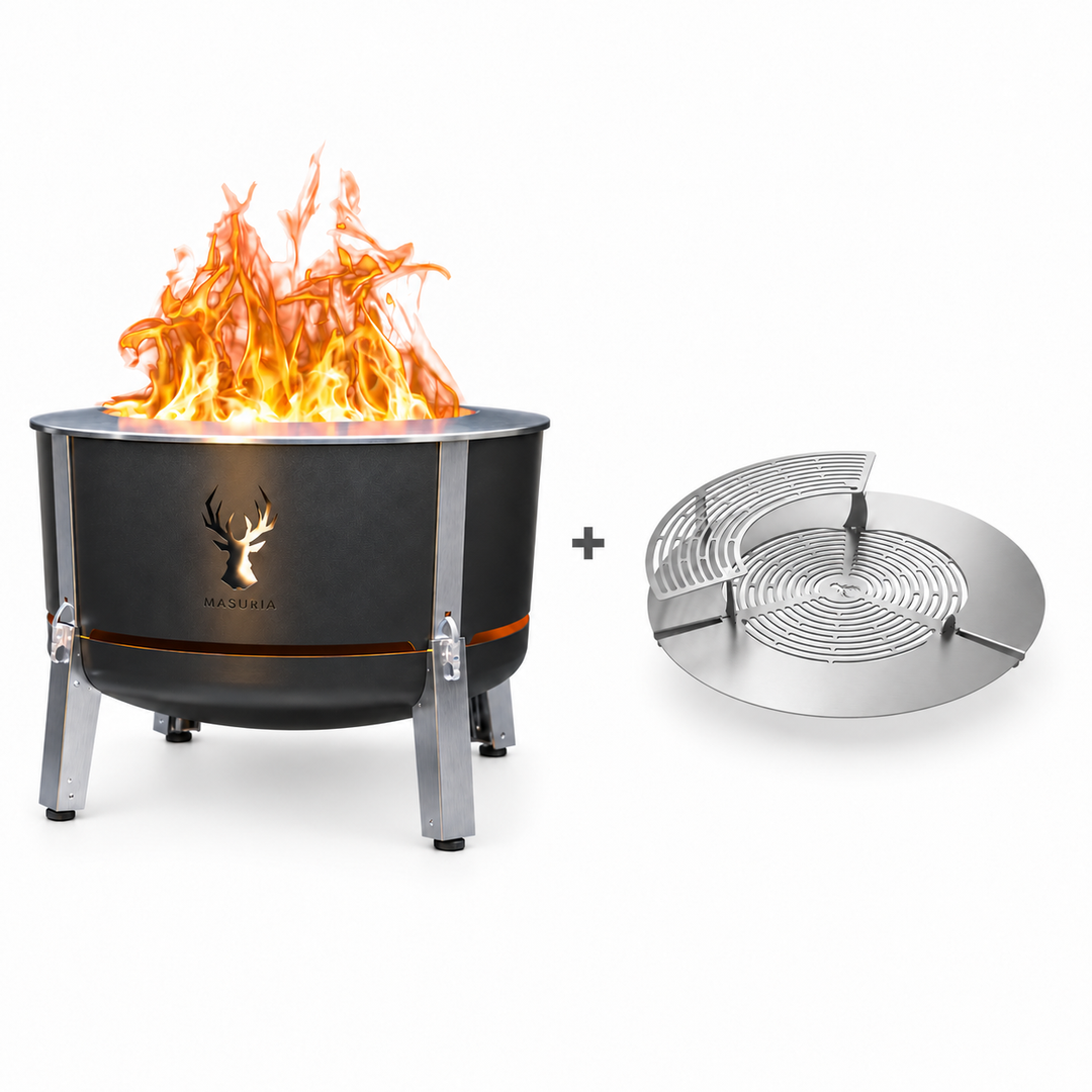 Alpha 800 Steak & Fire Set in Black – fire pit beside stainless steel grill grate, extension ring and upper rack.
