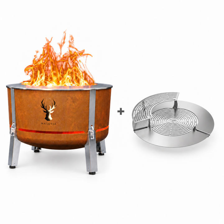 Alpha 800 Steak & Fire Set in Corten – fire pit beside stainless steel grill grate, extension ring and upper rack.