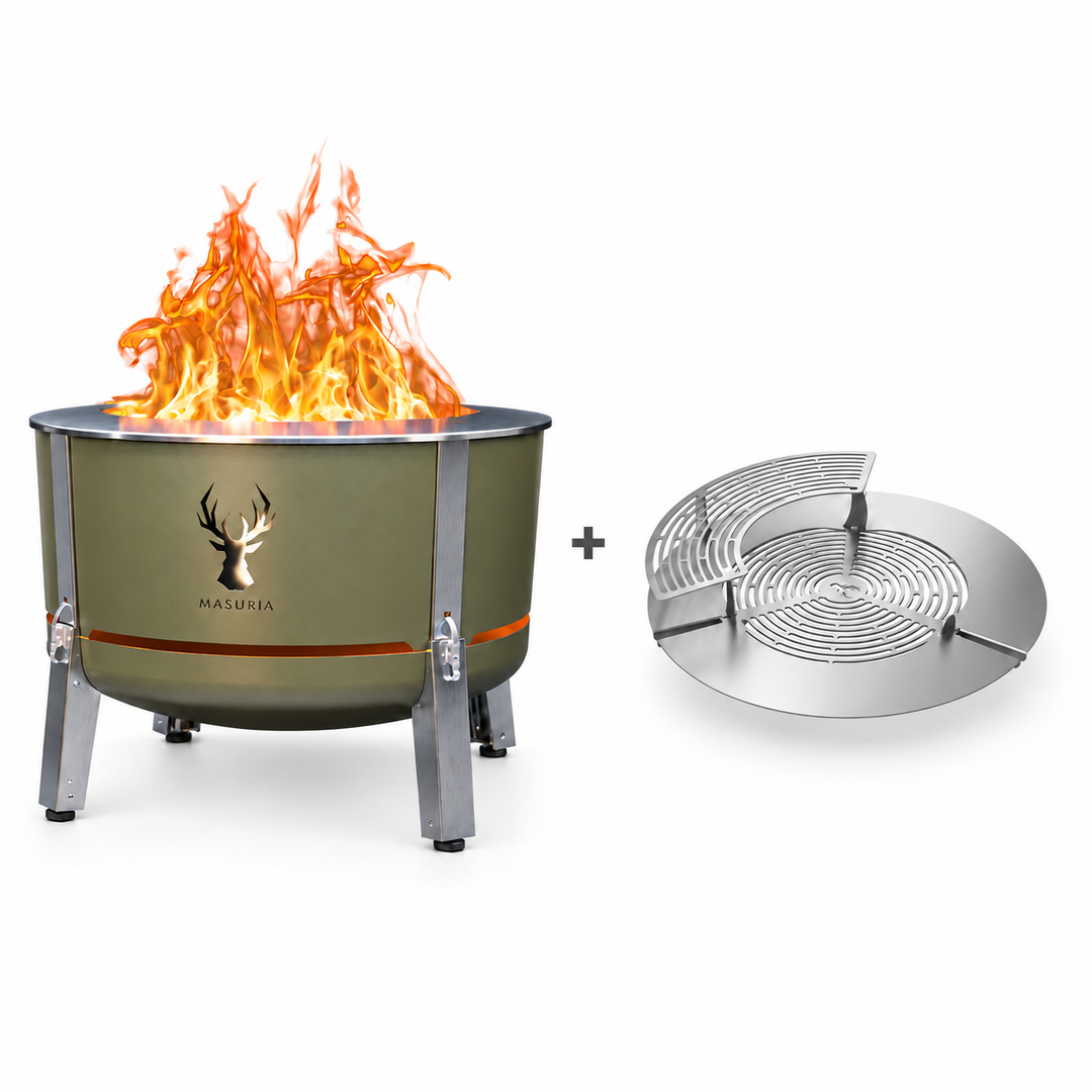 Alpha 800 Steak & Fire Set in Forest Haze – fire pit beside stainless steel grill grate, extension ring and upper rack.