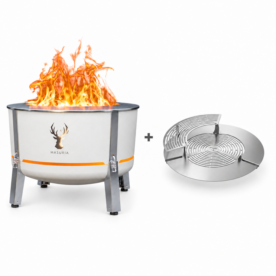 Alpha 800 Steak & Fire Set in Ivory Frost – fire pit beside stainless steel grill grate, extension ring and upper rack.
