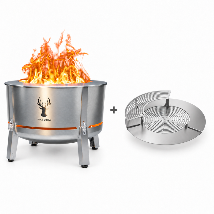Alpha 800 Steak & Fire Set in Silver – fire pit beside stainless steel grill grate, extension ring and upper rack.