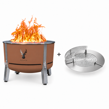 Alpha 800 Steak & Fire Set in Terra Brown – fire pit beside stainless steel grill grate, extension ring and upper rack.