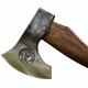 Close-up of the Masuria Wild axe head and visible wooden handle on a white background