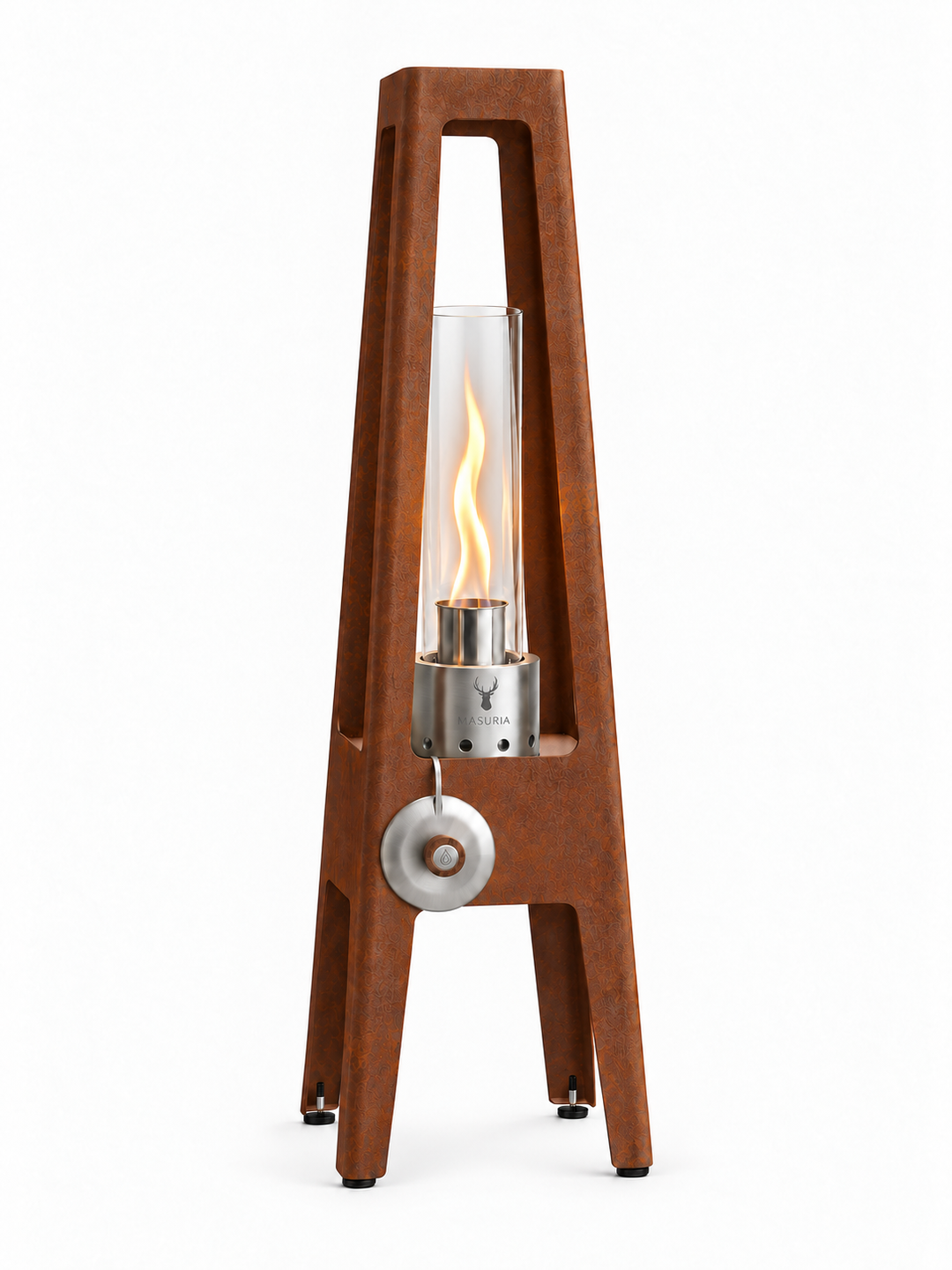 Bioethanol-Lampe TORRE Corten mit Metallbeinen, Glaszylinder und Masuria-Wild-Brenner vor weißem Hintergrund.