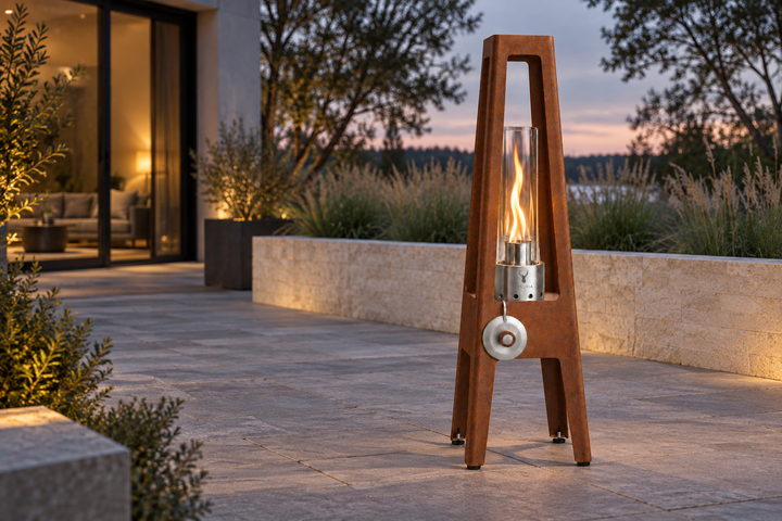 TORRE Corten bioethanol lamp with metal legs with a flame on an outdoor terrace in the evening.