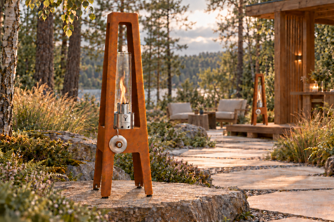 TORRE Corten bioethanol lamp in a wooded garden with a second lamp in the background.