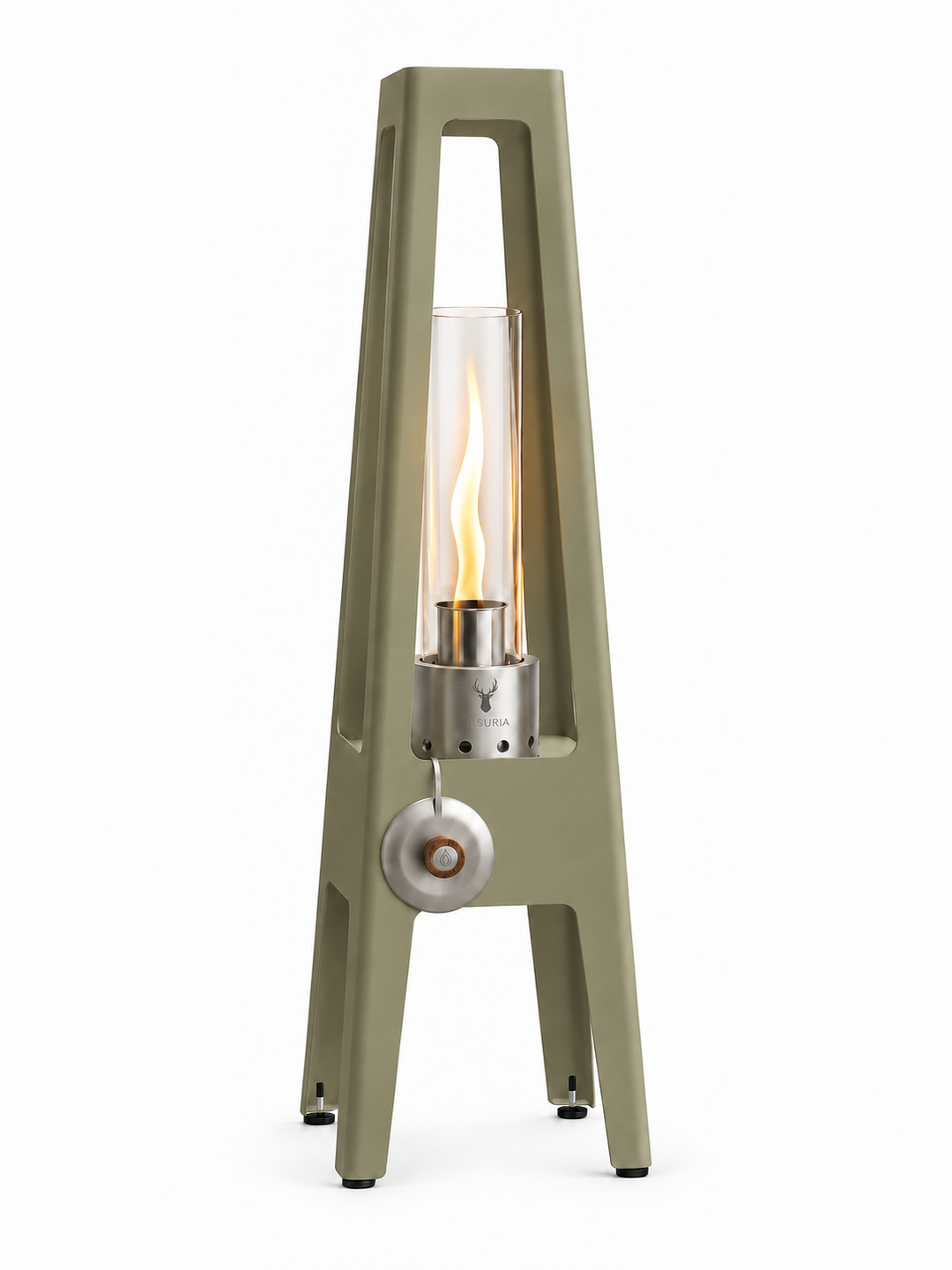 Bioethanol-Lampe TORRE Forest Haze mit Metallbeinen, Glaszylinder und Masuria-Wild-Brenner vor weißem Hintergrund.