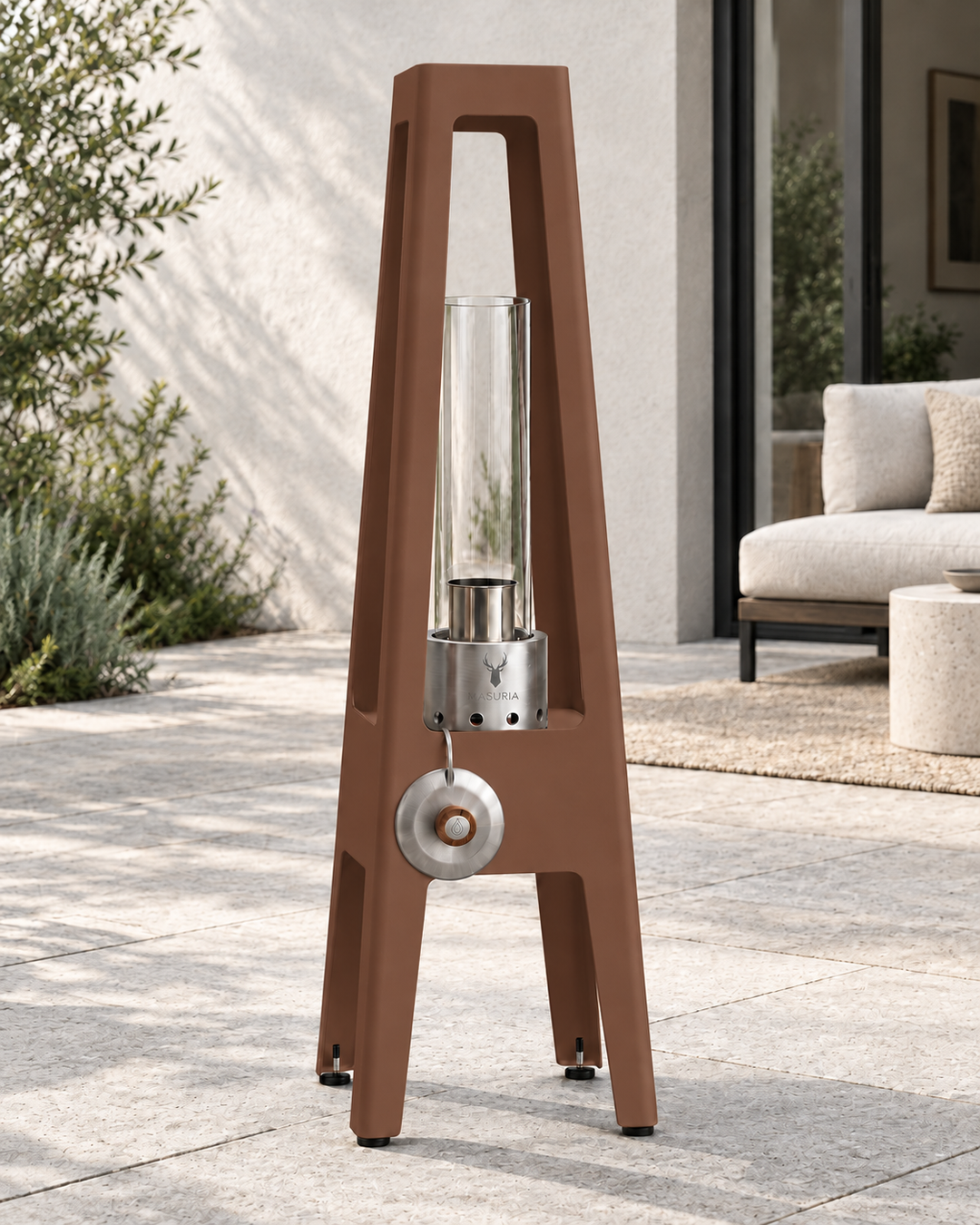 Bio-ethanollamp TORRE Terra Brown op een terras bij daglicht.